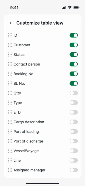 Phone screen Customize table view: a switch for each column, ID to Assigned manager