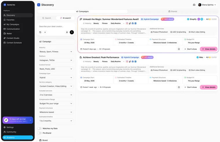 AI search for a creator: matching campaigns