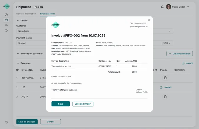 Invoice FIFO-002 generated from the shipment data, open over the shipment page with Save and export buttons