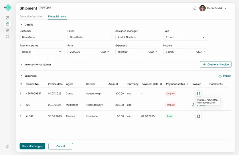 Shipment page, Financial terms tab: customer, payer, payment status, rate and the expenses table