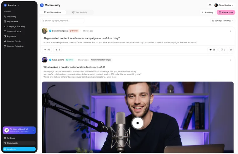 Community: a feed with posts, comments and a video